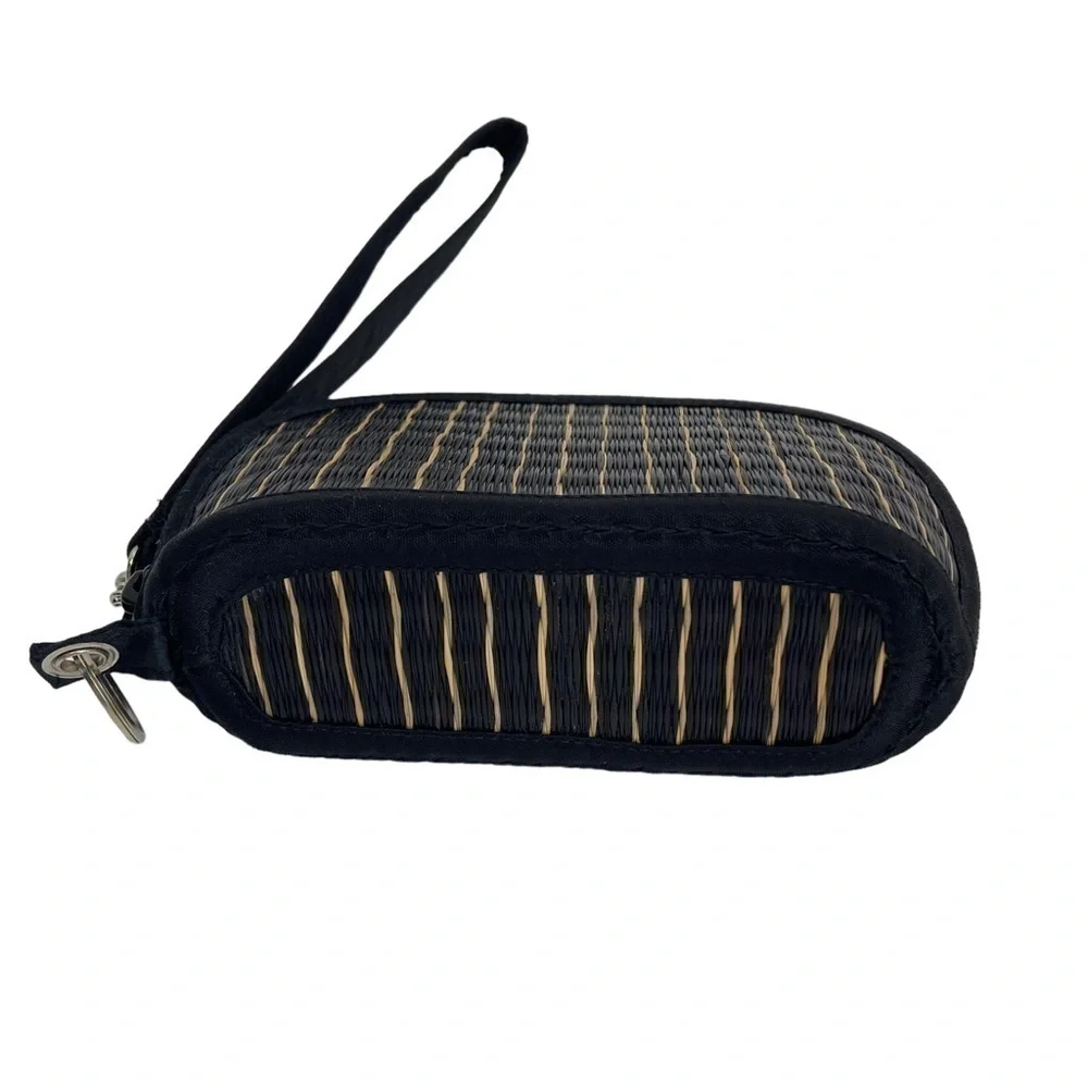 Baskets of Cambodia Woven Wristlet Make Up Bag Mini Coin Purse Black Cream OS